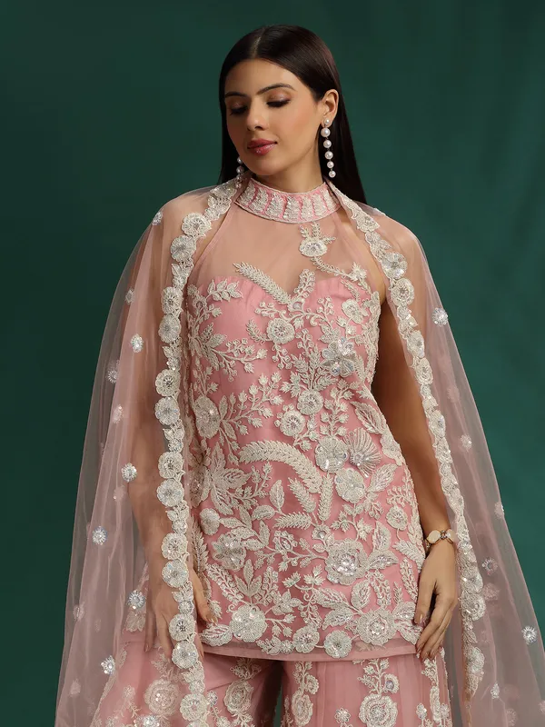 Pink net palazzo suit with heavy embroidery