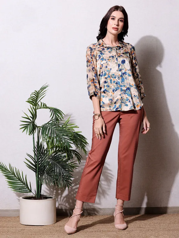 Pink Nine beige printed rayon cotton shirt