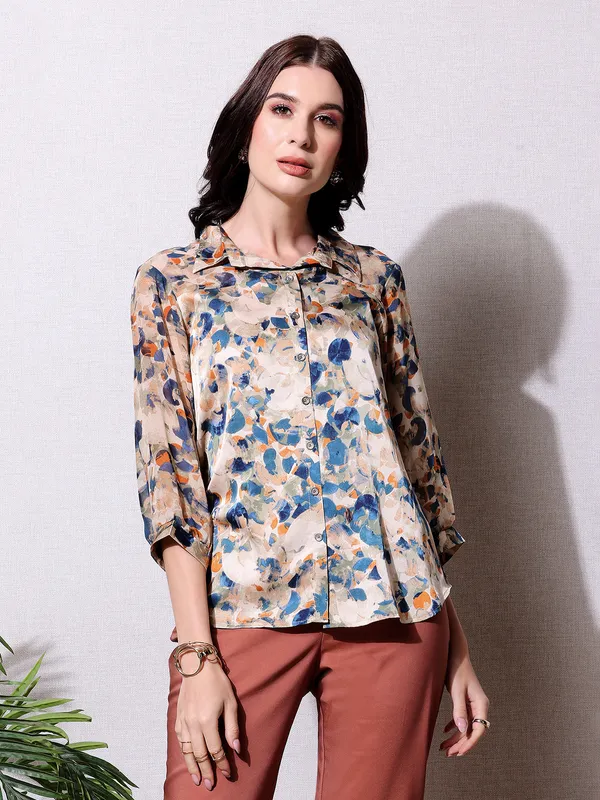 Pink Nine beige printed rayon cotton shirt