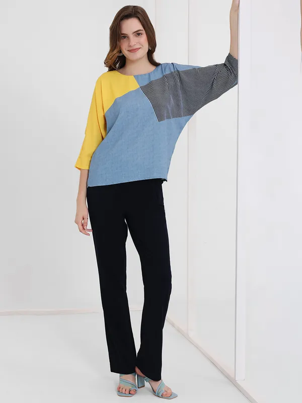 PINK NINE blue color block rayon cotton top