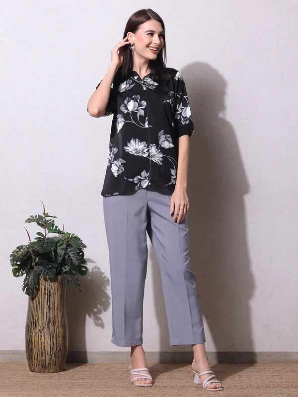 Pink Nine floral printed black shirt