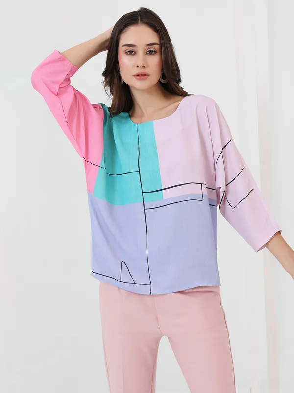 PINK NINE pink printed rayon cotton round neck top