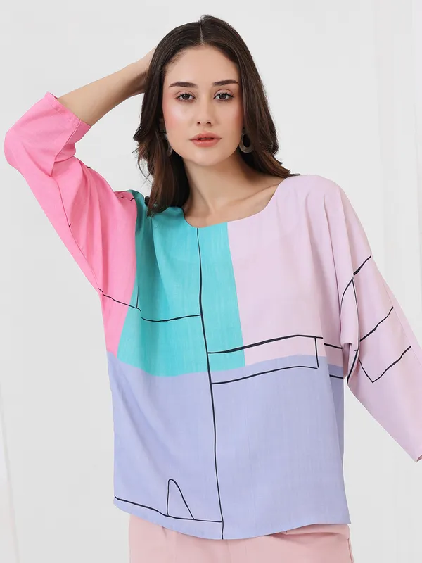 PINK NINE pink printed rayon cotton round neck top