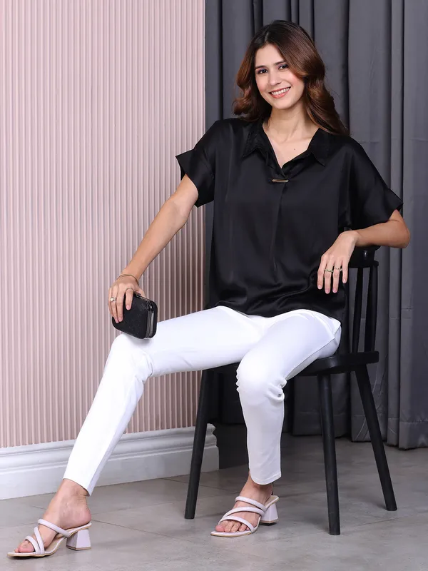 Pink Nine plain rayon cotton black t shirt