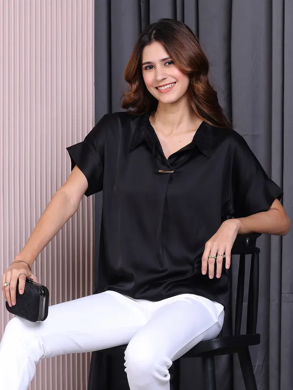Pink Nine plain rayon cotton black t shirt