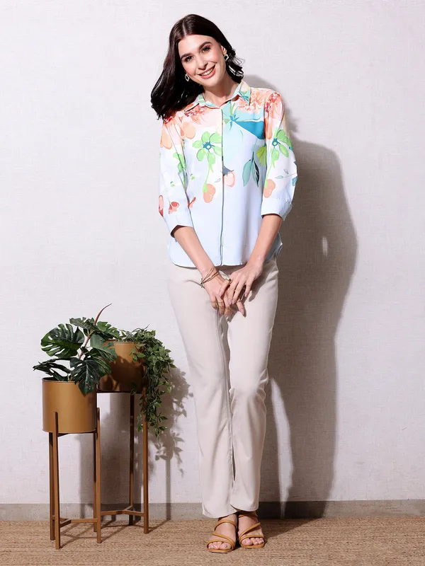 Pink Nine sky blue floral printed shirt