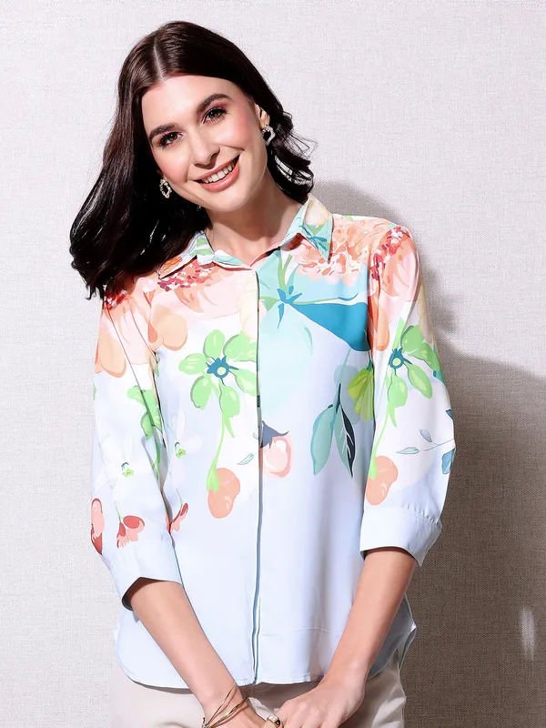 Pink Nine sky blue floral printed shirt