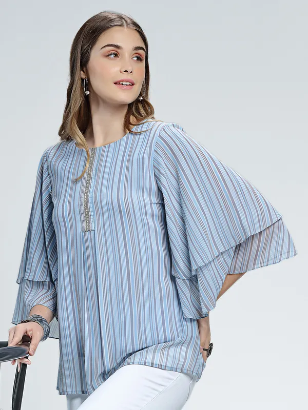 Pink Nine sky blue georgette stripe top