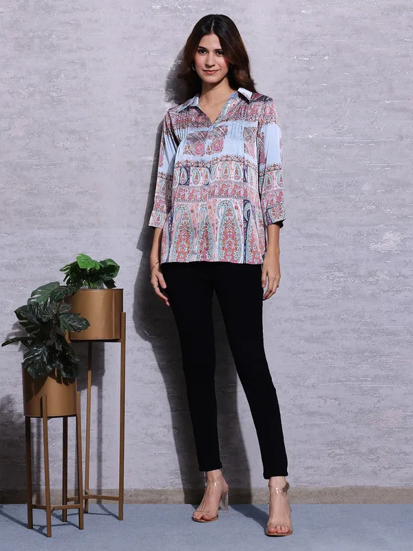 Pink Nine sky blue printed rayon cotton shirt