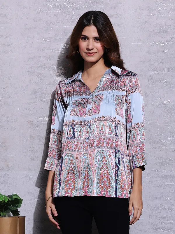 Pink Nine sky blue printed rayon cotton shirt