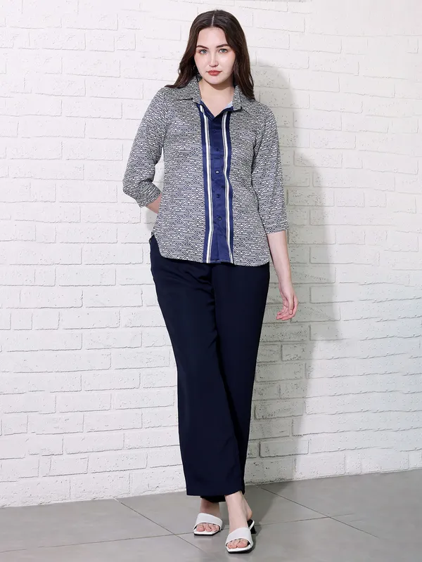 PINK NINE white and blue rayon cotton shirt