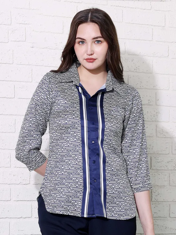 PINK NINE white and blue rayon cotton shirt