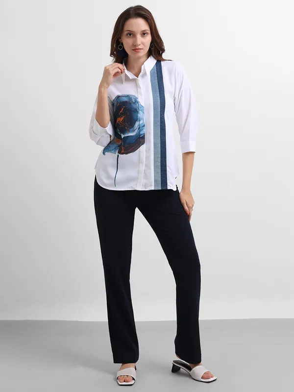 PINK NINE white printed rayon cotton collar neck shirt