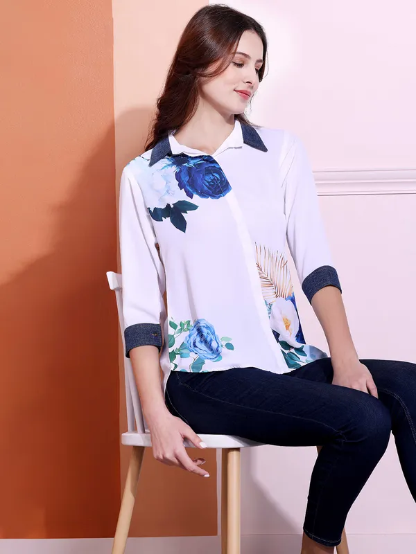 PINK NINE white printed rayon cotton shirt