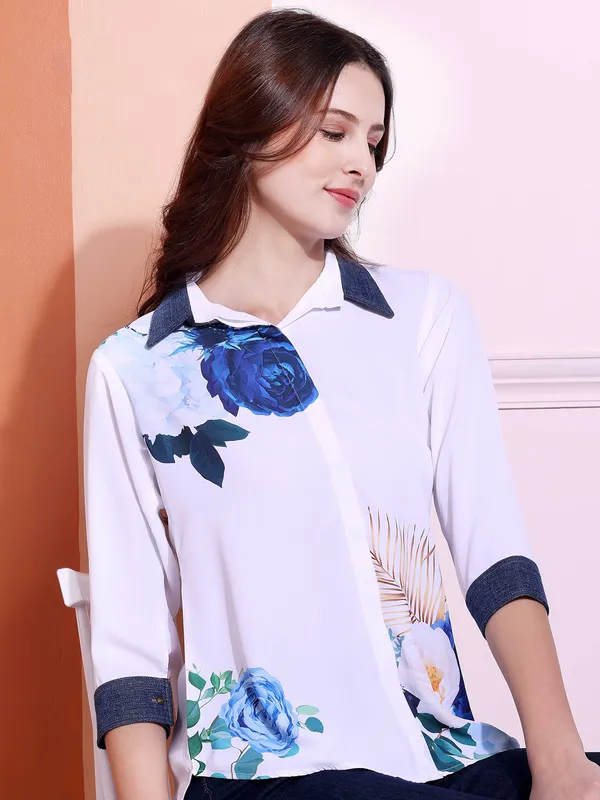 PINK NINE white printed rayon cotton shirt