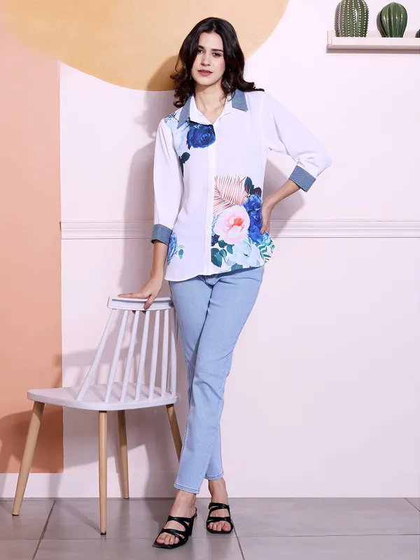 PINK NINE white printed rayon cotton shirt