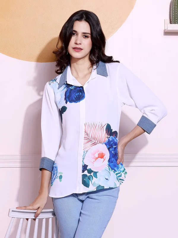 PINK NINE white printed rayon cotton shirt