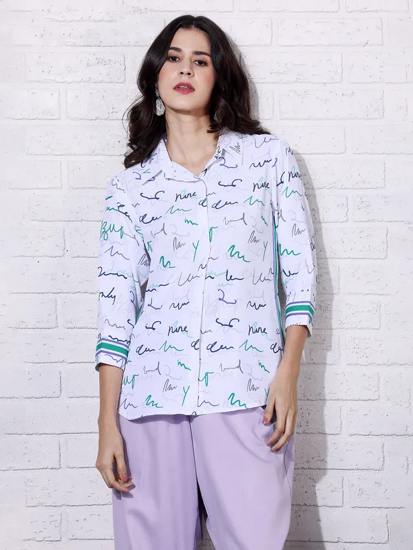 PINK NINE white printed rayon cotton top