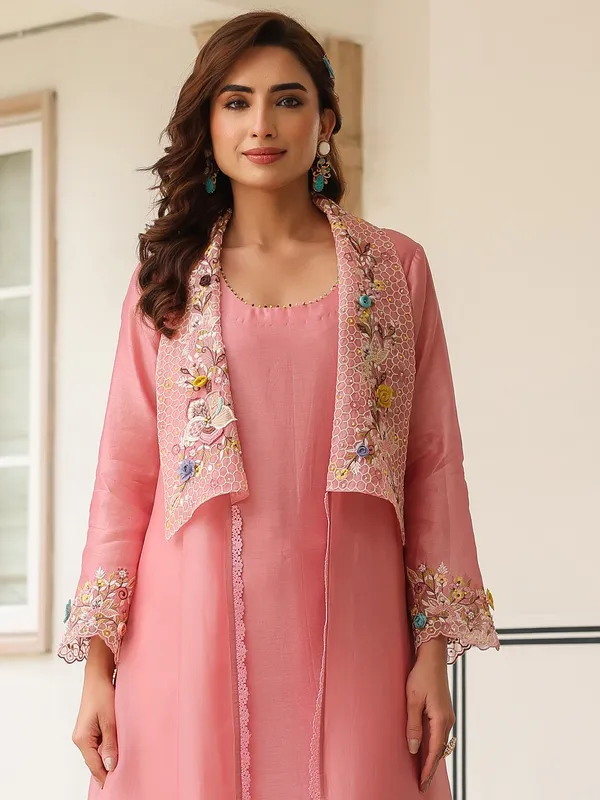 Pink organza and chanderi silk kurti set in jacket style