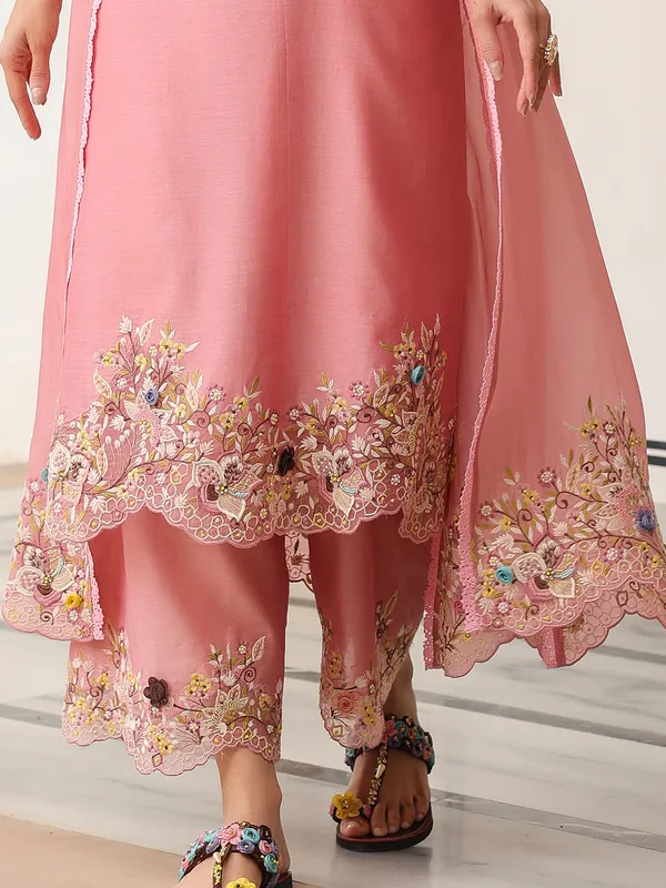 Pink organza and chanderi silk kurti set in jacket style