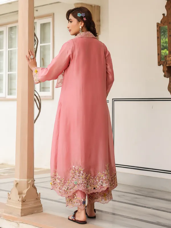 Pink organza and chanderi silk kurti set in jacket style