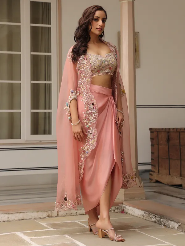 Pink organza and satin designer indowestern suit for women