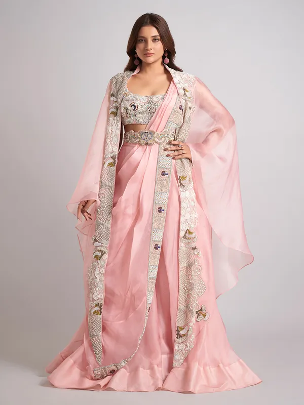 Pink organza designer wedding wear palazzo suit