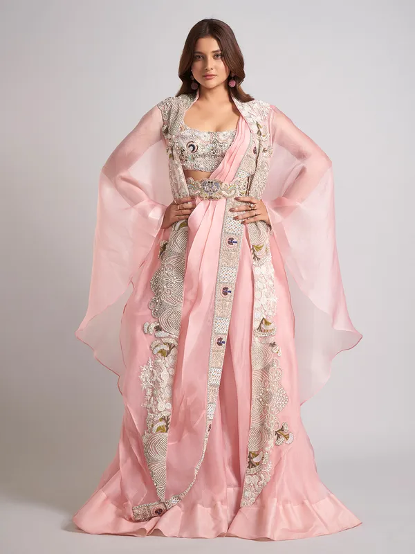 Pink organza designer wedding wear palazzo suit