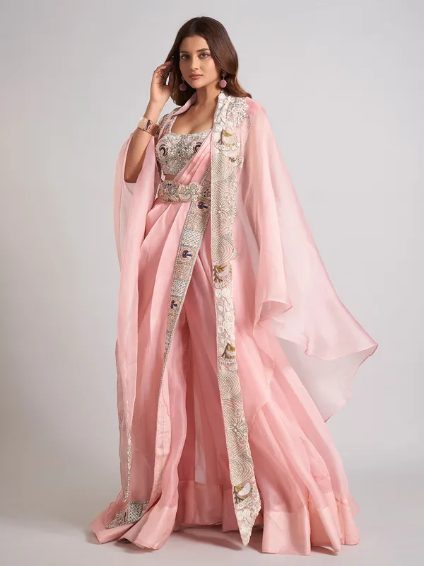 Pink organza designer wedding wear palazzo suit