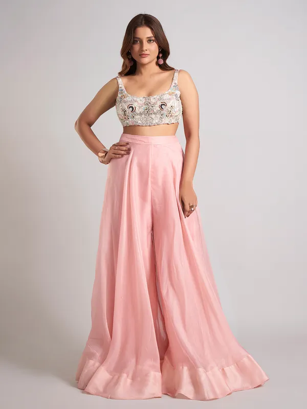 Pink organza designer wedding wear palazzo suit