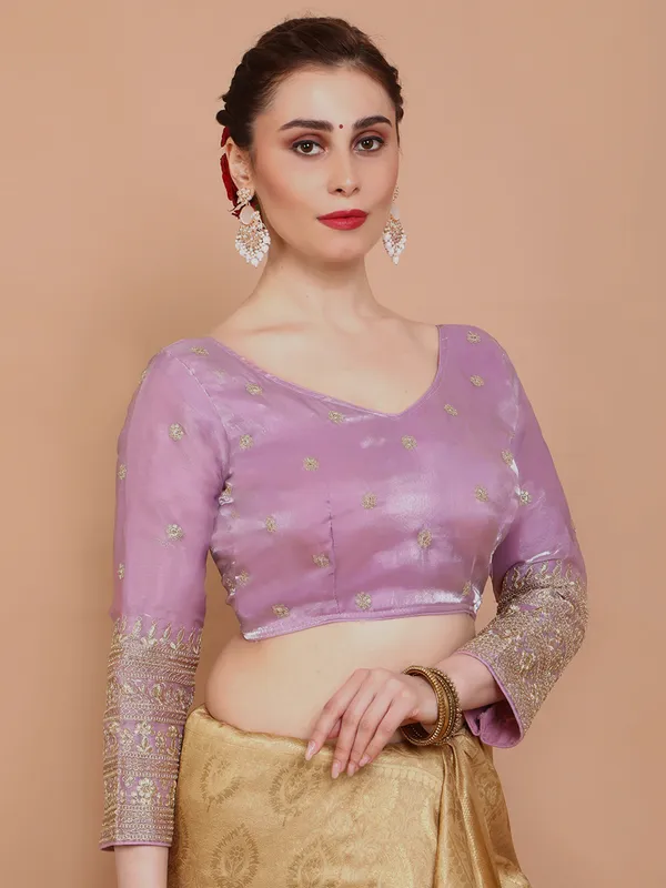Pink organza embroidered V neck ready made blouse