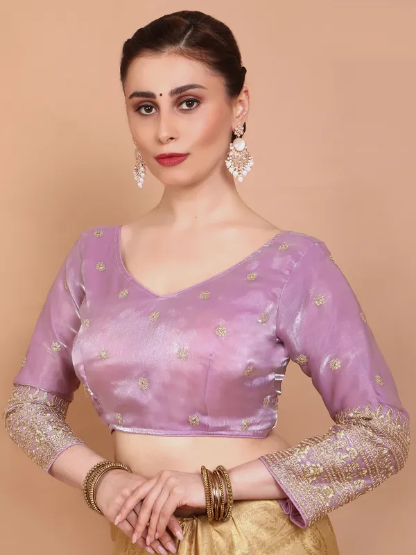 Pink organza embroidered V neck ready made blouse
