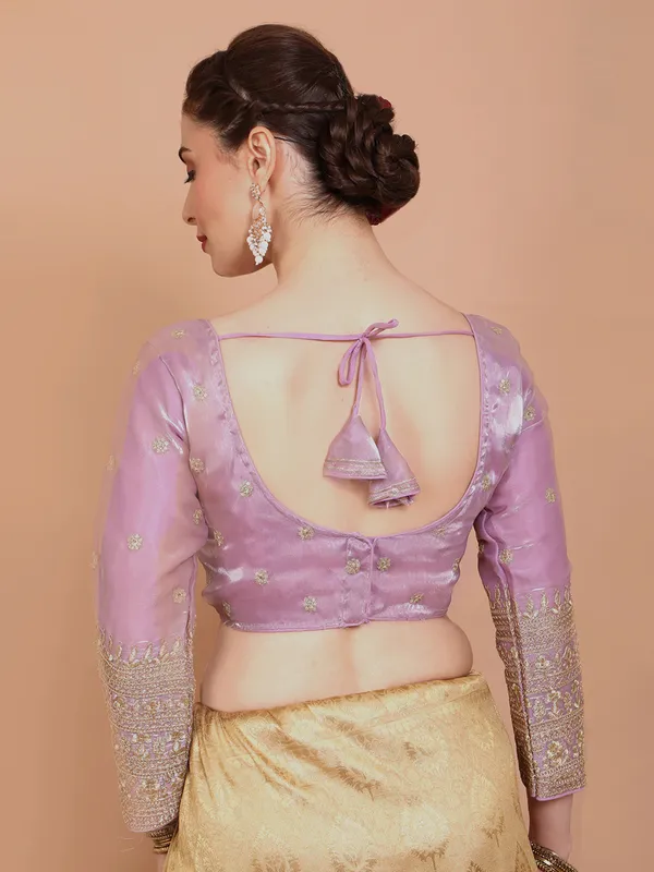 Pink organza embroidered V neck ready made blouse