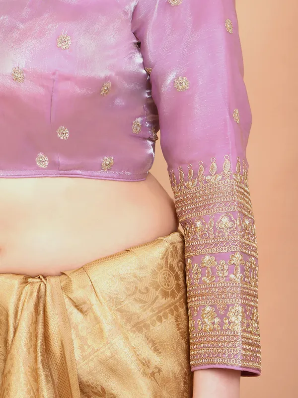 Pink organza embroidered V neck ready made blouse