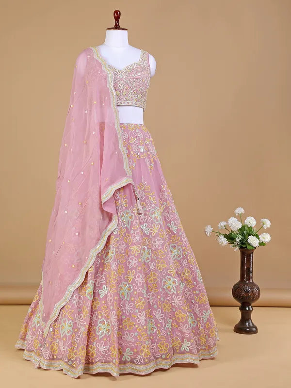 Pink organza lehenga choli with matching dupatta
