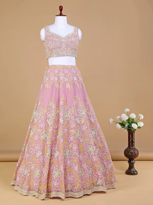 Pink organza lehenga choli with matching dupatta
