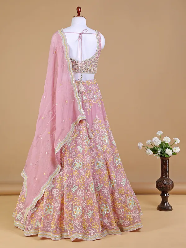 Pink organza lehenga choli with matching dupatta