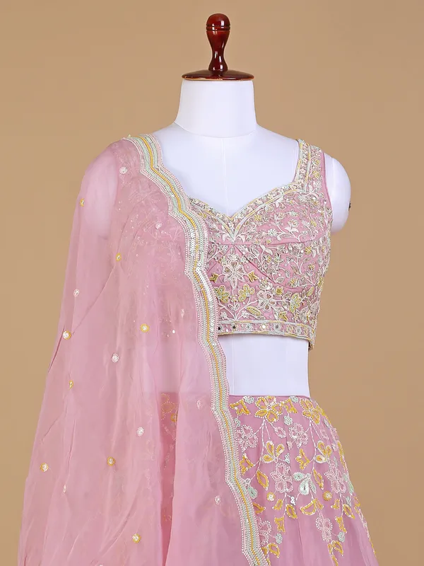 Pink organza lehenga choli with matching dupatta