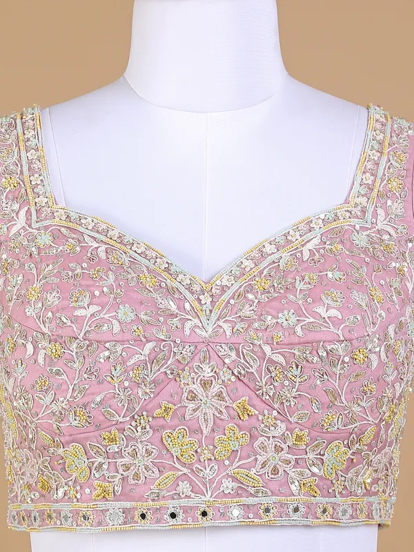 Pink organza lehenga choli with matching dupatta