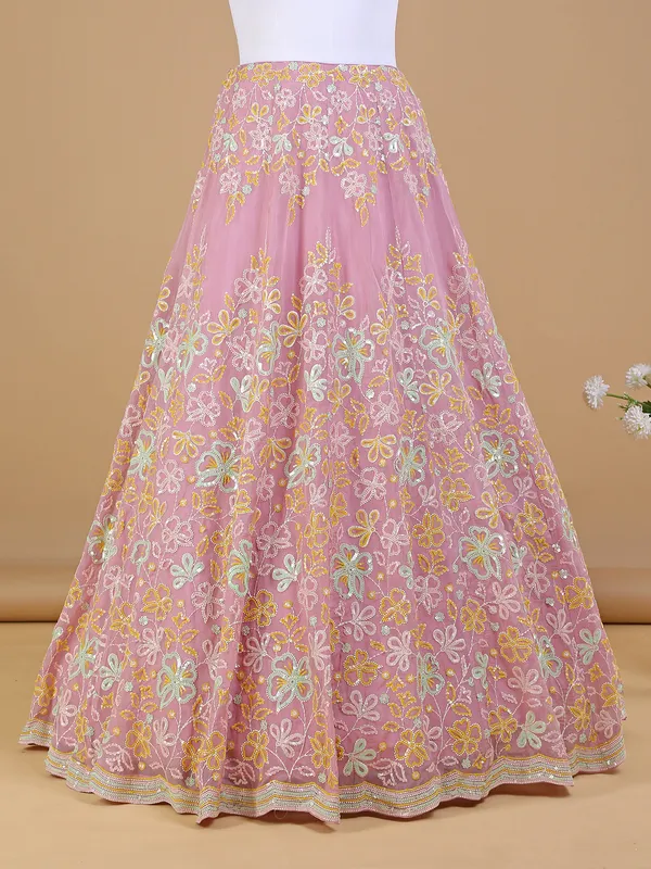 Pink organza lehenga choli with matching dupatta