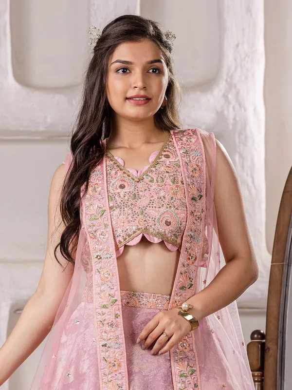Pink organza lehenga choli with shrug