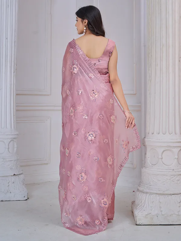 Pink organza saree with aabla and embroidery work