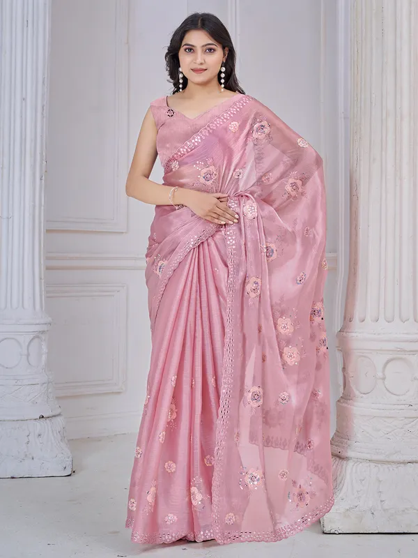 Pink organza saree with aabla and embroidery work