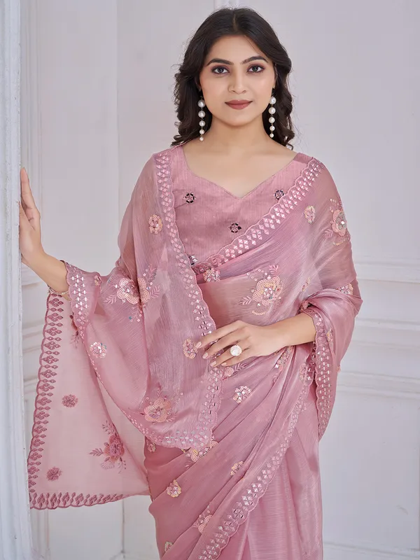 Pink organza saree with aabla and embroidery work