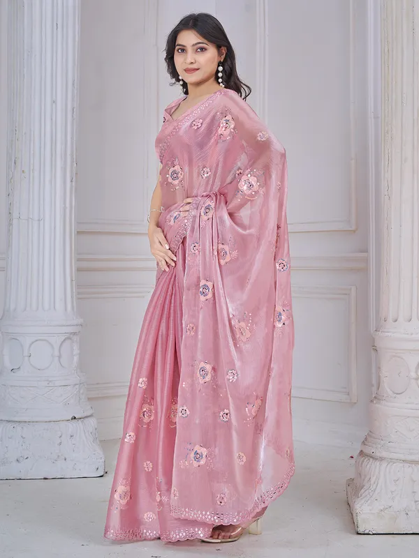 Pink organza saree with aabla and embroidery work