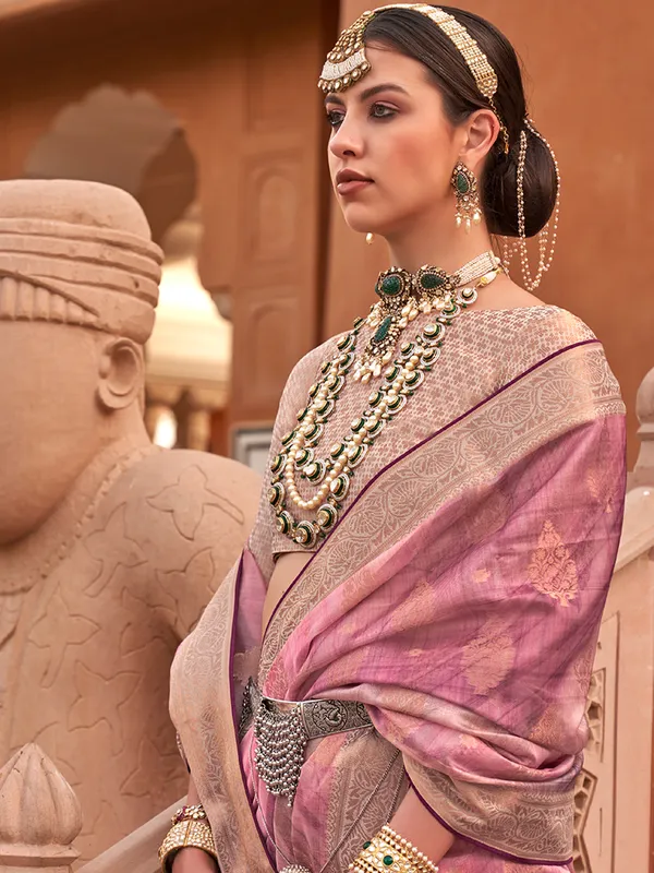 Pink organza saree with graceful zari glow