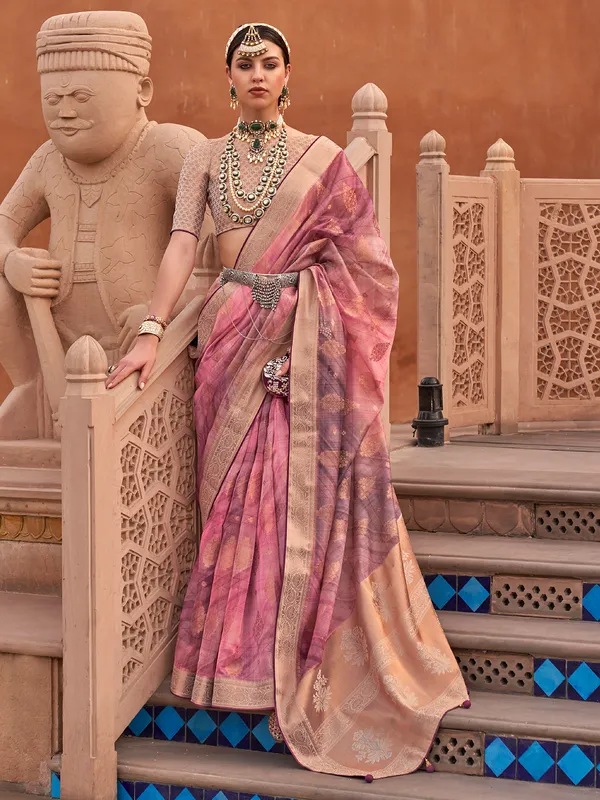 Pink organza saree with graceful zari glow