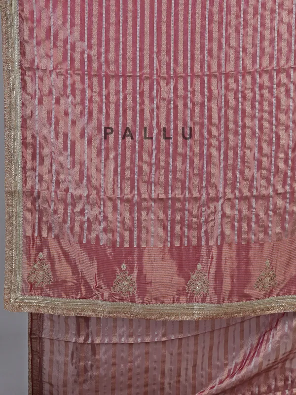 Pink organza saree with mirror and aabla work