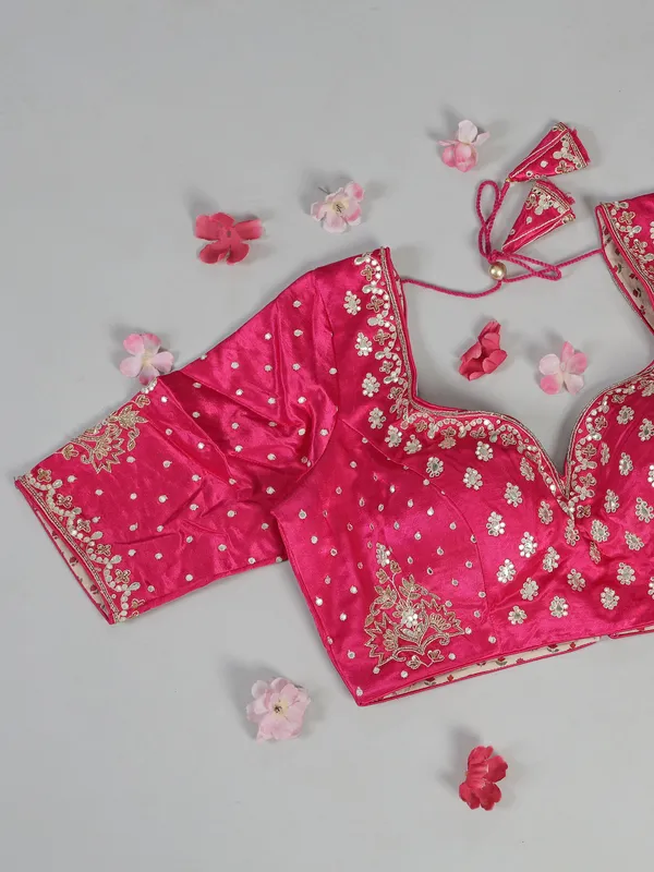Pink organza saree with mirror and aabla work