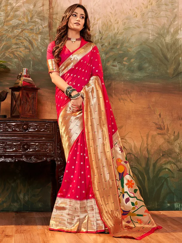 Pink paithani silk zari weaving saree